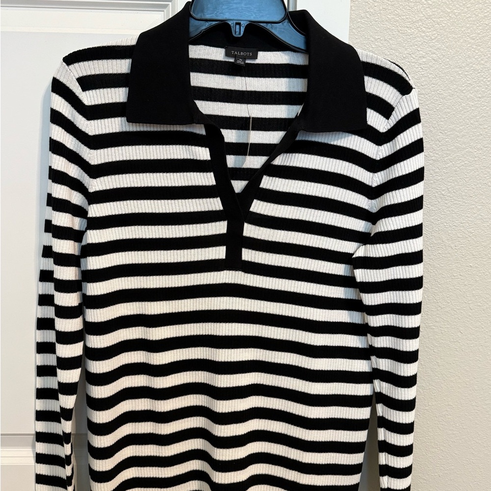 Talbots Black and White Striped V-Neck Sweater
